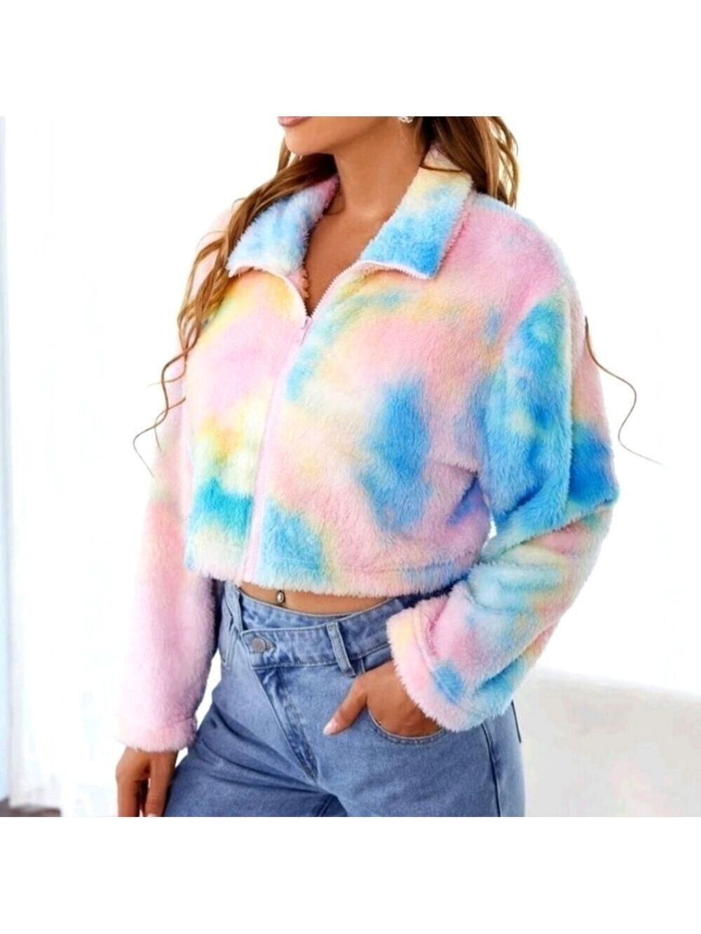 Pastel Tie-Dye Teddy Jacket Cropped Full Zipper Collar Cozy Womens Small SHEIN